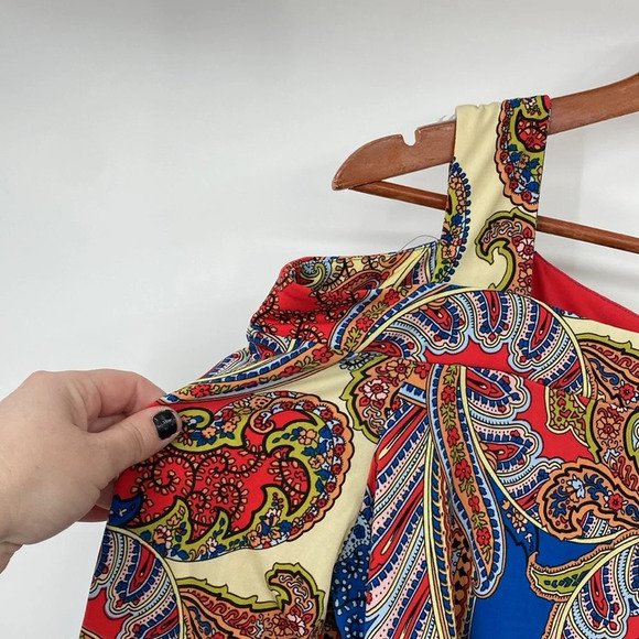 Chico's Fancy Paisley Cold-Shoulder Top Womens Size 2 Large Orange‎ Blue Paisley - Picture 3 of 11